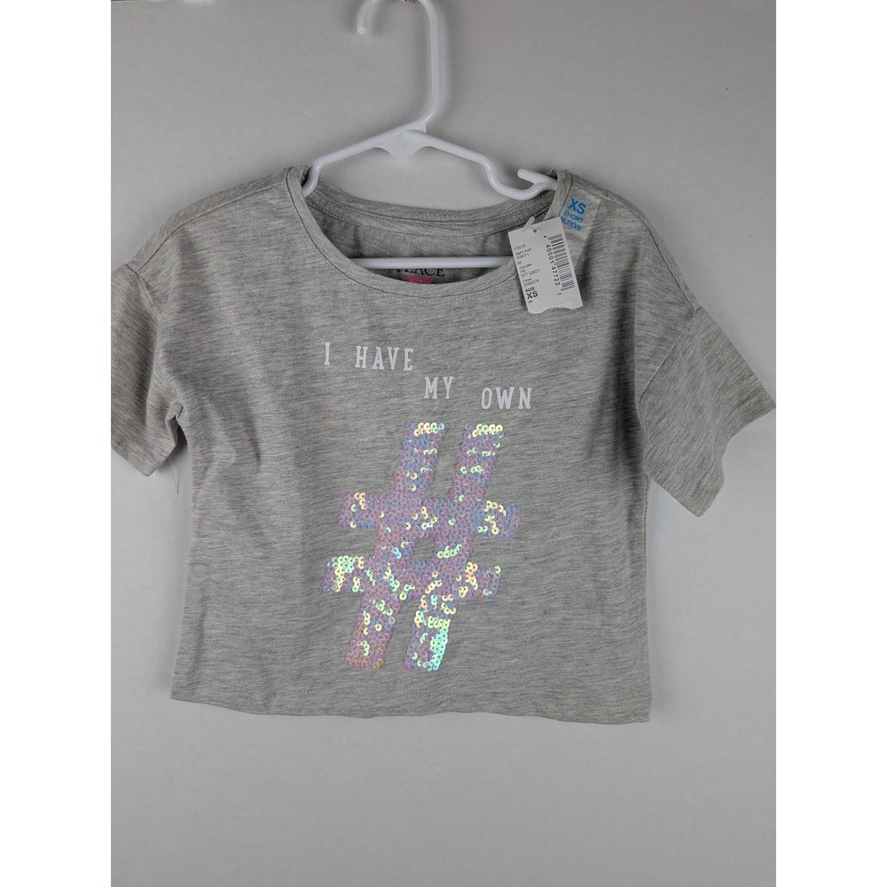 The Childrens Place Girls Gray Hashtag Sequin Crop Tee XS TP 4 - Picture 2 of 4